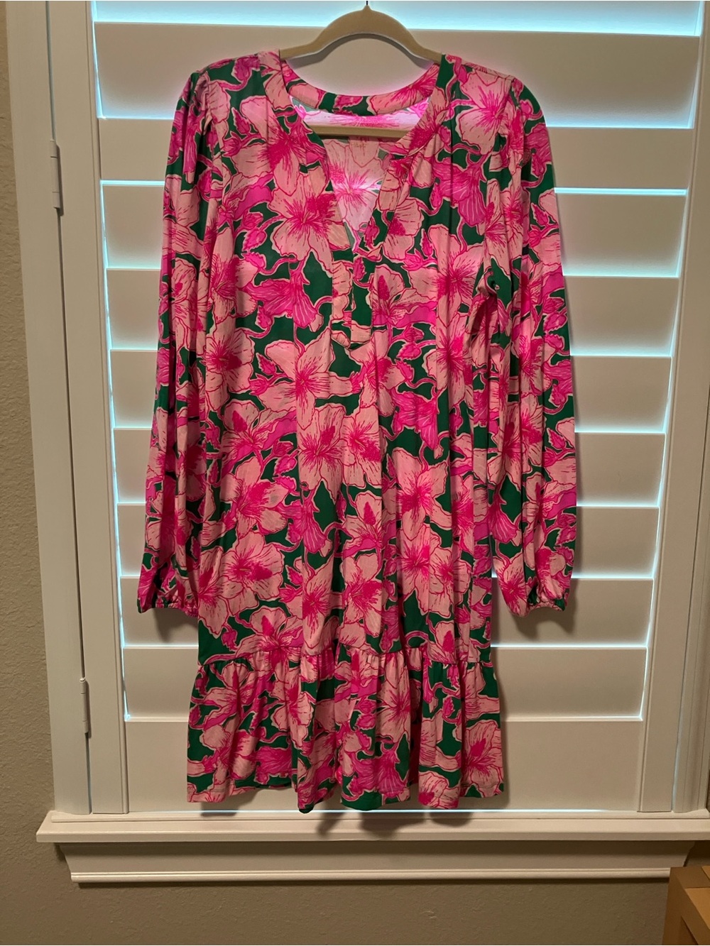 Lilly Pulitzer Pink Floral Long Sleeve Green-Background Dress